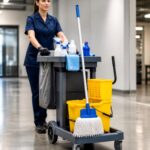 Profissional de limpeza utilizando um carrinho profissional de limpeza com produtos e equipamentos para higienização.