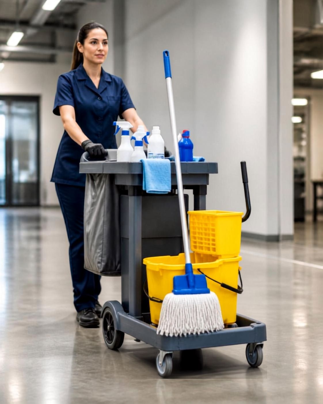 Profissional de limpeza utilizando um carrinho profissional de limpeza com produtos e equipamentos para higienização.