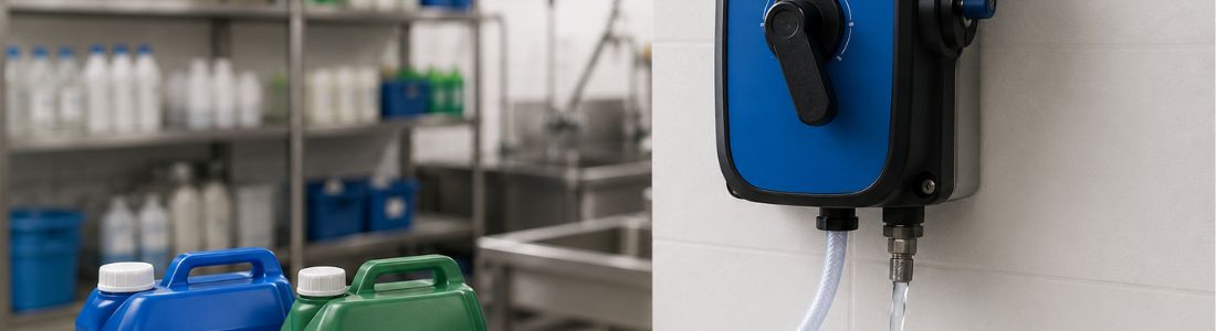 Como diluir produtos químicos corretamente com o diluidor automático TotalMix Tron em ambiente de limpeza profissional.